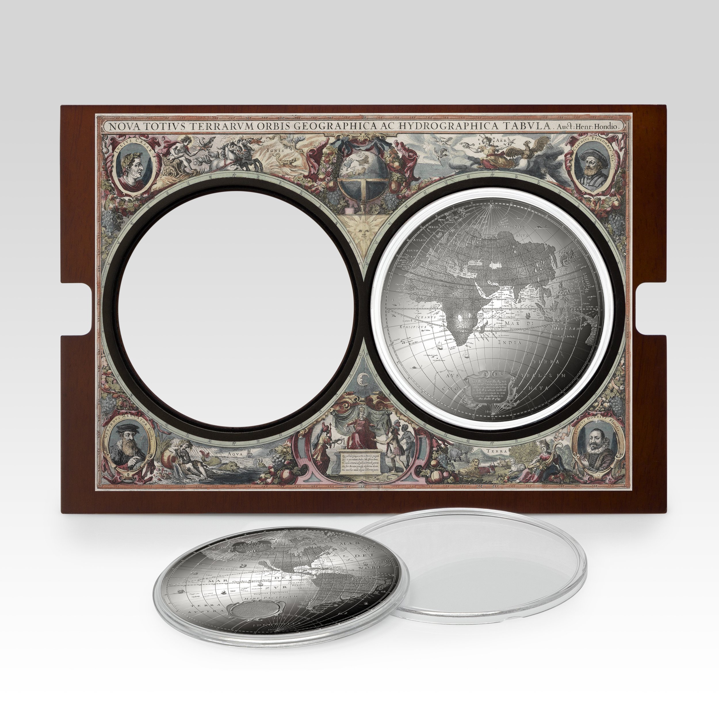 A wooden frame with decorative artwork and portraits, holding a black and white globe of the world and a matching globe disc.