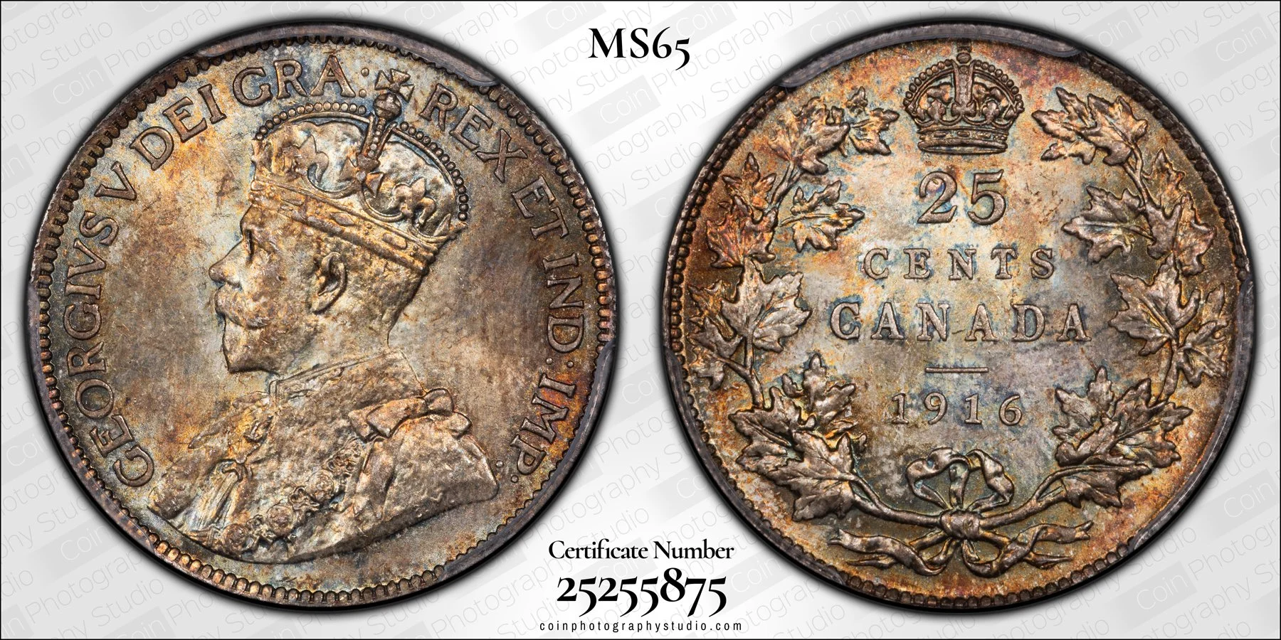 1916 Canadian 25-cent coin with a portrait of King George V on the obverse and a wreath on the reverse, inscribed with '25 CENTS CANADA' and the year 1916.