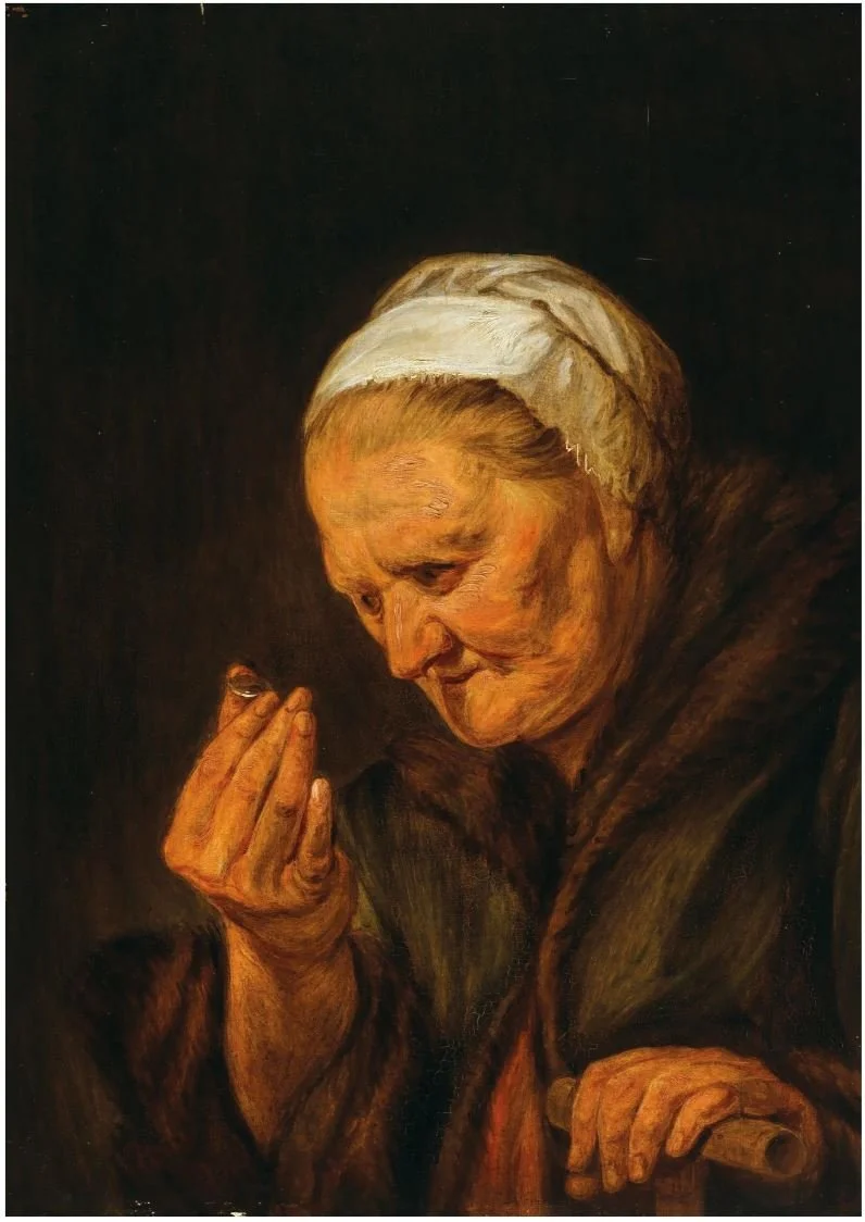 An old woman examing a coin-Sir Peter Paul Rubens- oil on panel.