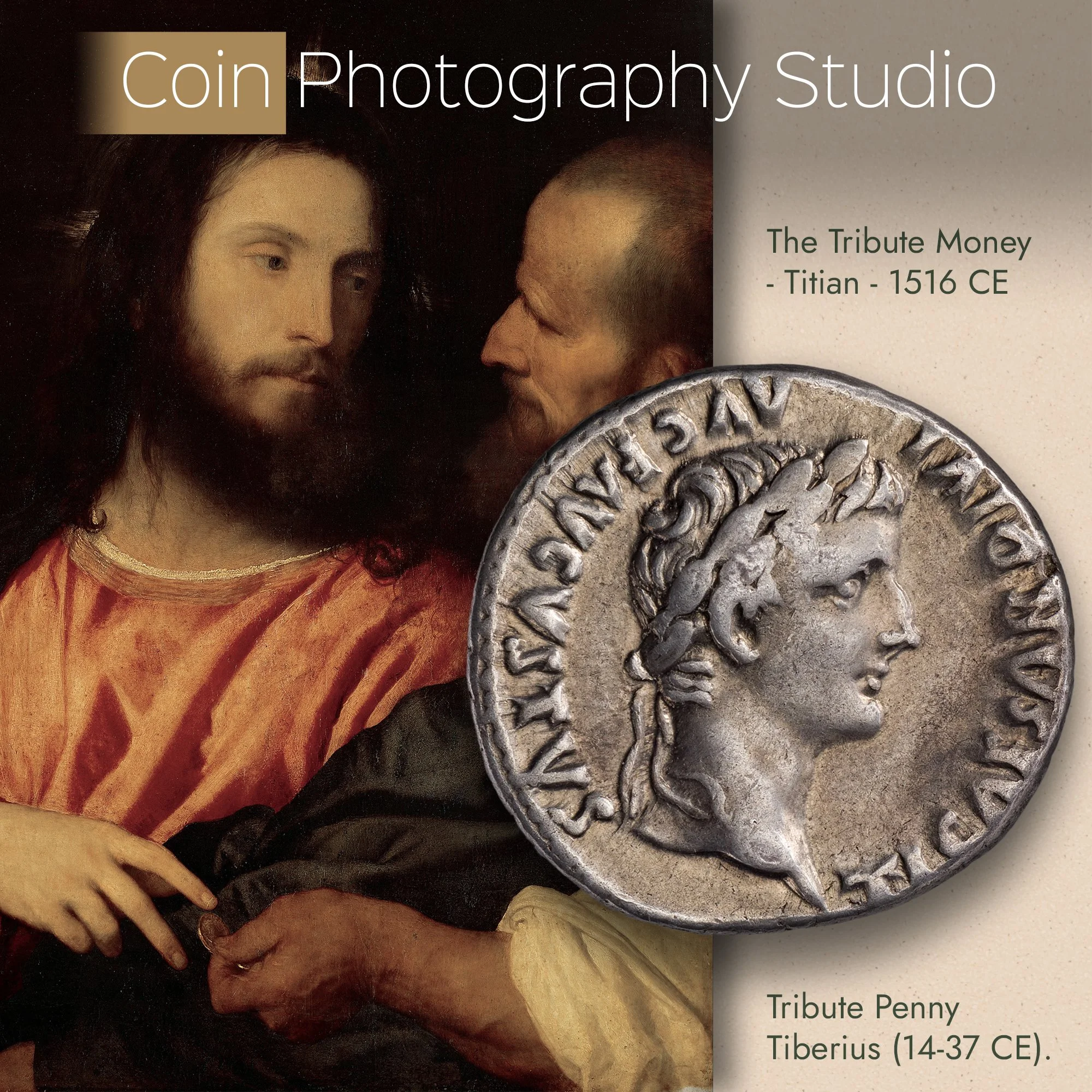 Image of Titian's "The Tribute Money" painting from 1516 CE with a Roman coin tribute penny featuring Emperor Tiberius (14-37 CE).
