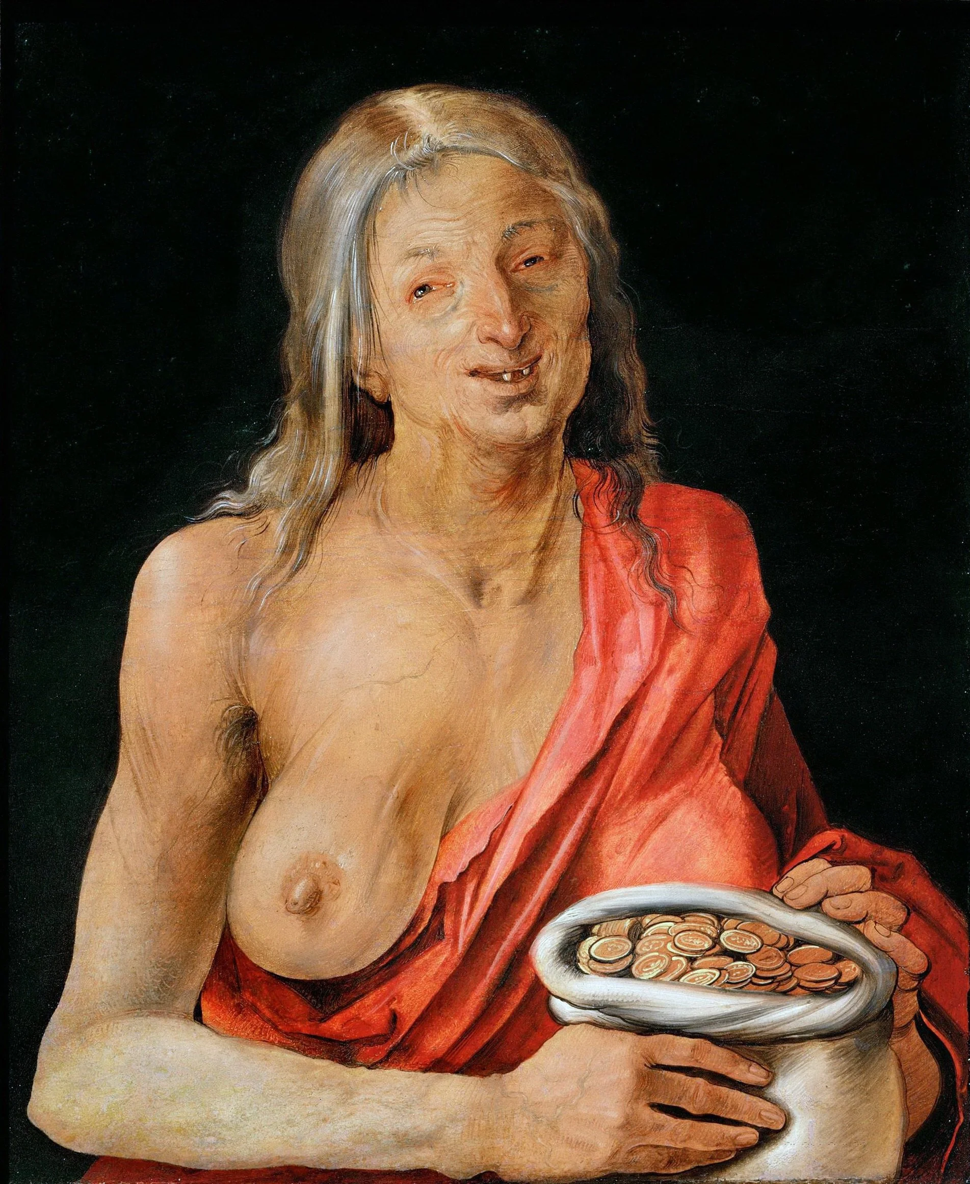 Allegory of Avarice by German painter, printmaker, mathematician,
illuminator, copper engraver and art theorist Albrecht Dürer.  Oil on lime painted in 1507.
