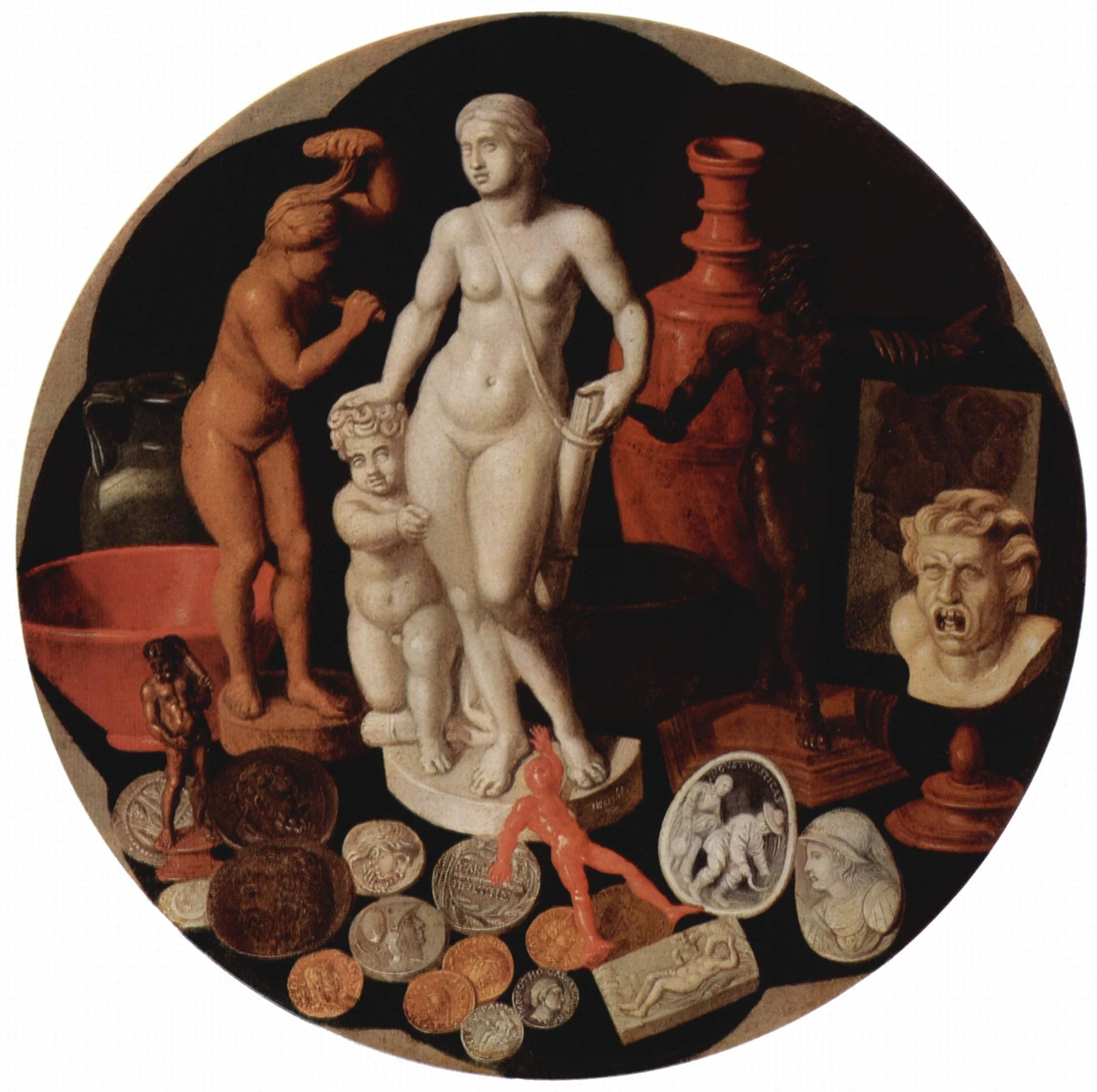 Still life with a collection of rarities by Flemish painter Hendrik van der Borcht the elder.  This tondo, (a circular painting) is oil on copper, from the first half of the 16th century.