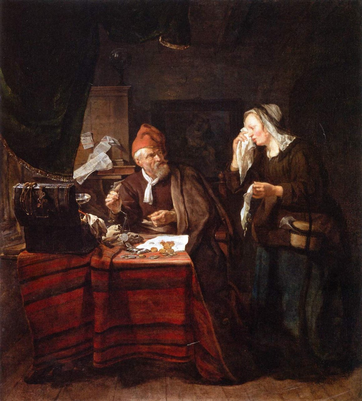 Usurer with a Tearful Woman by Gabriel Metsu- circa 1654.  A usurer is one that lends money, especially at an exorbitant rate.