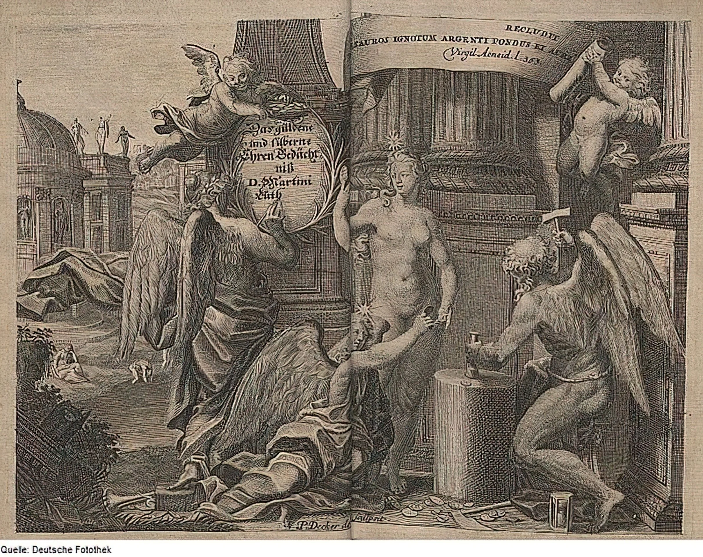 Coin & Allegory- Angels minting coins.  The Latin banner across the top reads HE DISCLOSES UNKNOWN TREASURES WEIGHT OF SILVER AND GOLD, Virgil Aeneid.l. 363."
The sign, painted by an angle, reads "The golden and silver memorial D. Martini Luth";