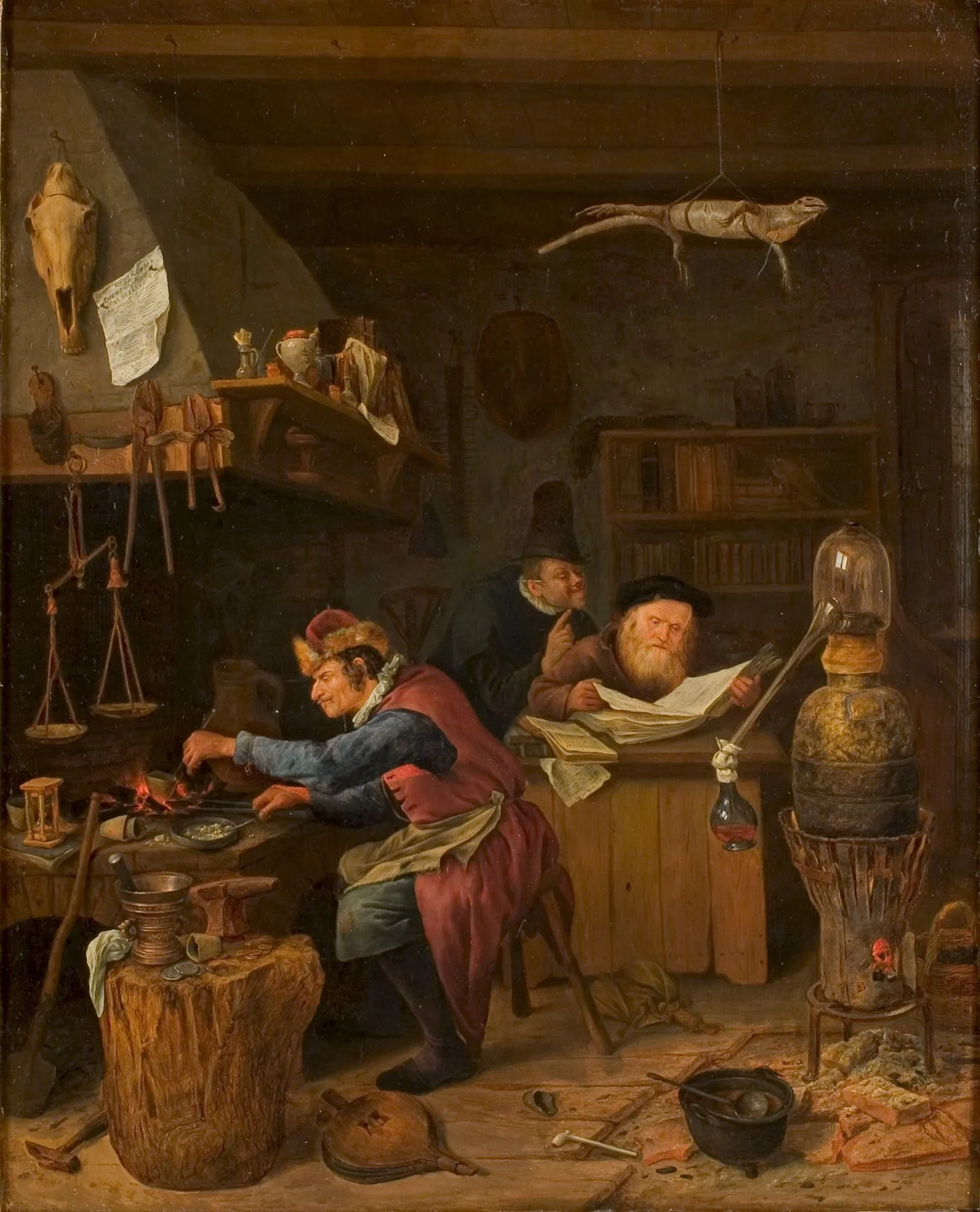 The Alchemist by Jan Steen. Oil on oak panel painted between 1680 and 1720.