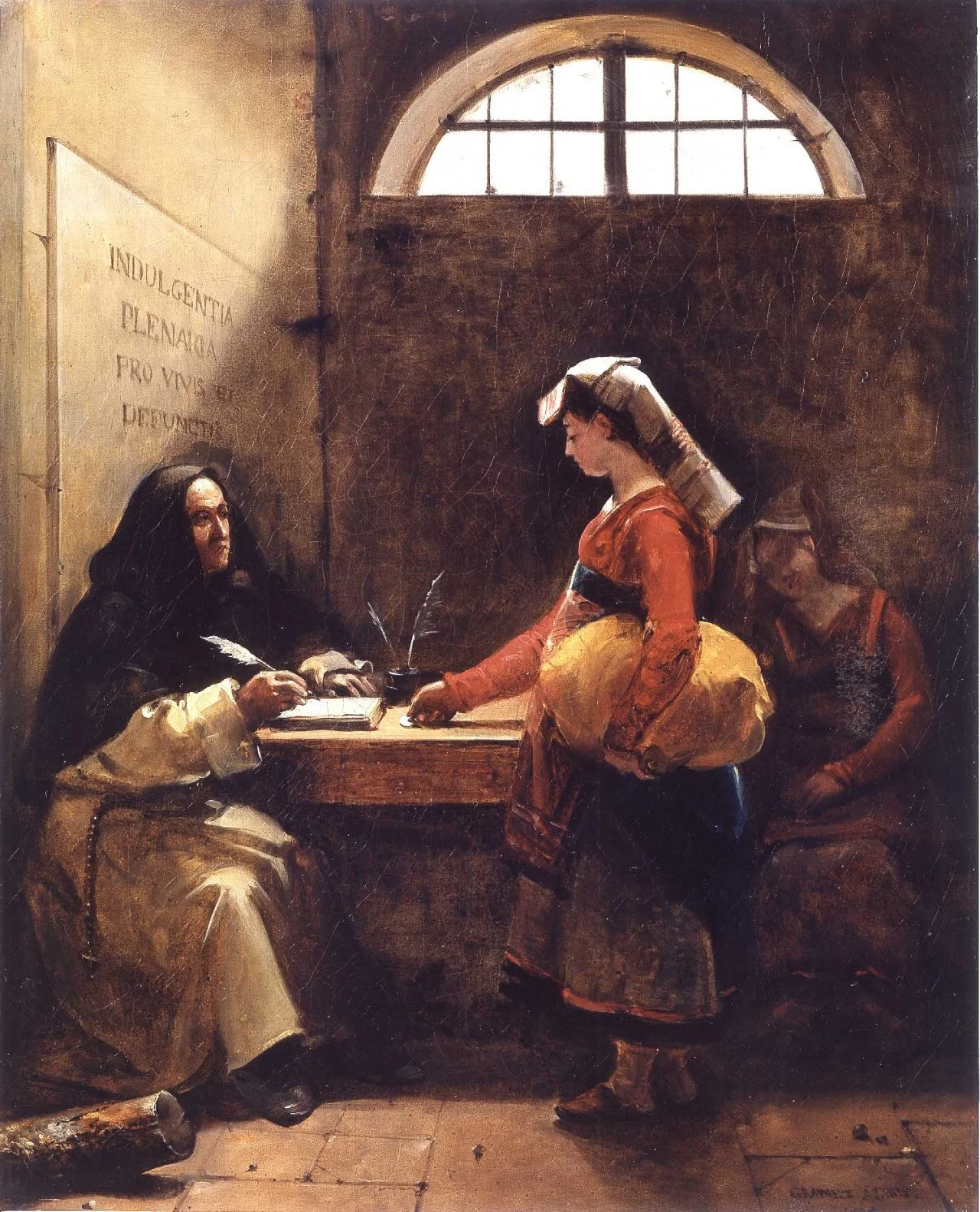 A Peasant Girl buying an Indulgence by François Marius Granet  (1775–1849).

The medieval practice of buying an indulgence saw individuals purchase certificates to reduce the punishment for their sins. In A Peasant Girl buying an Indulgence,  a pries