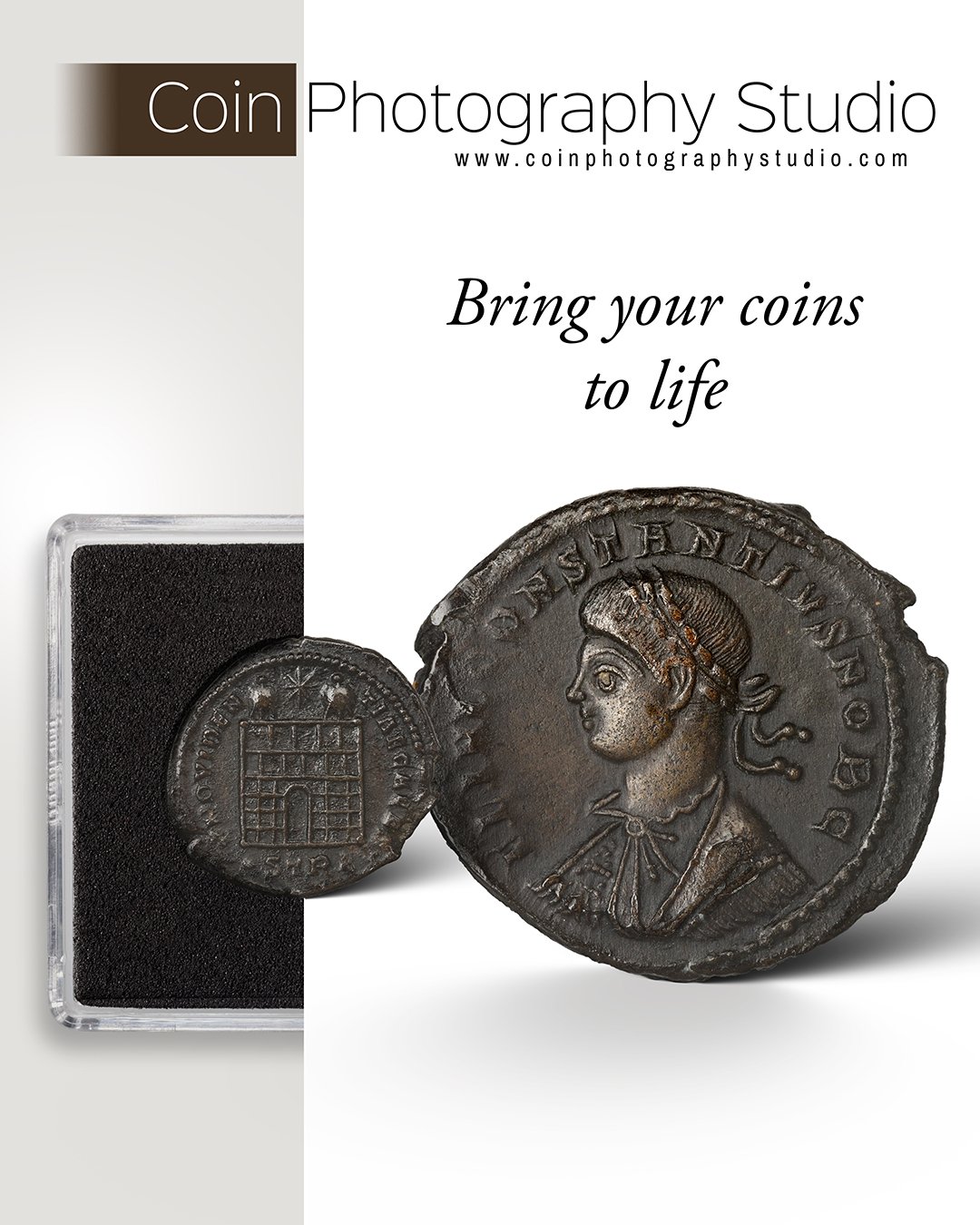 Advertisement for Coin Photography Studio with images of ancient coins and the phrase 'Bring your coins to life'.