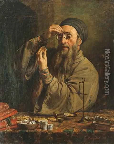 A bearded man wearing a headscarf is seated at a table using a monocle to examine coins. The table is cluttered with coins, scales, and bowls. The setting appears to be a study or workshop. The artist is unknown.