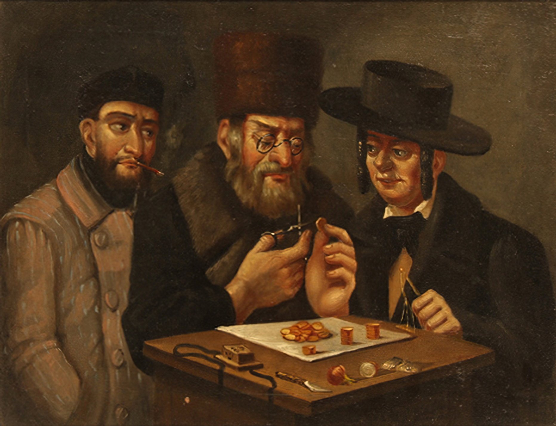 Oil painting of Jewish coin clippers at work, likely created in 19th century Russia. They are depicted with beards and sidelocks, which are traditionally worn by Jewish men. 
