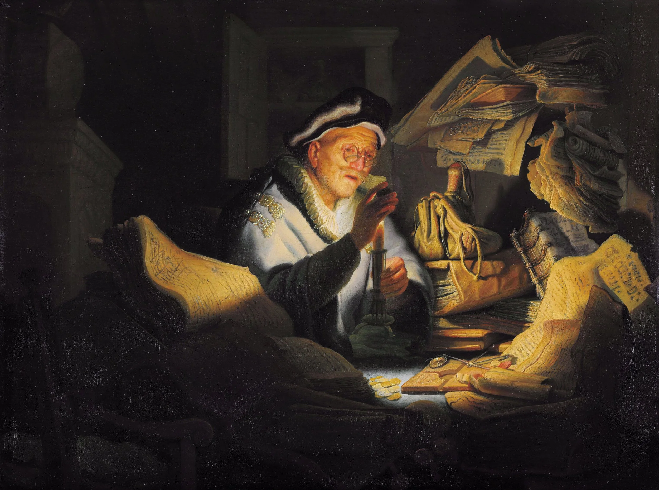 The Parable of the Rich Fool, also known as The Money Changer, by  Rembrandt (1627). Oil on oak wood.  The parable depicts the futility of the belief that wealth can secure prosperity or a good life.