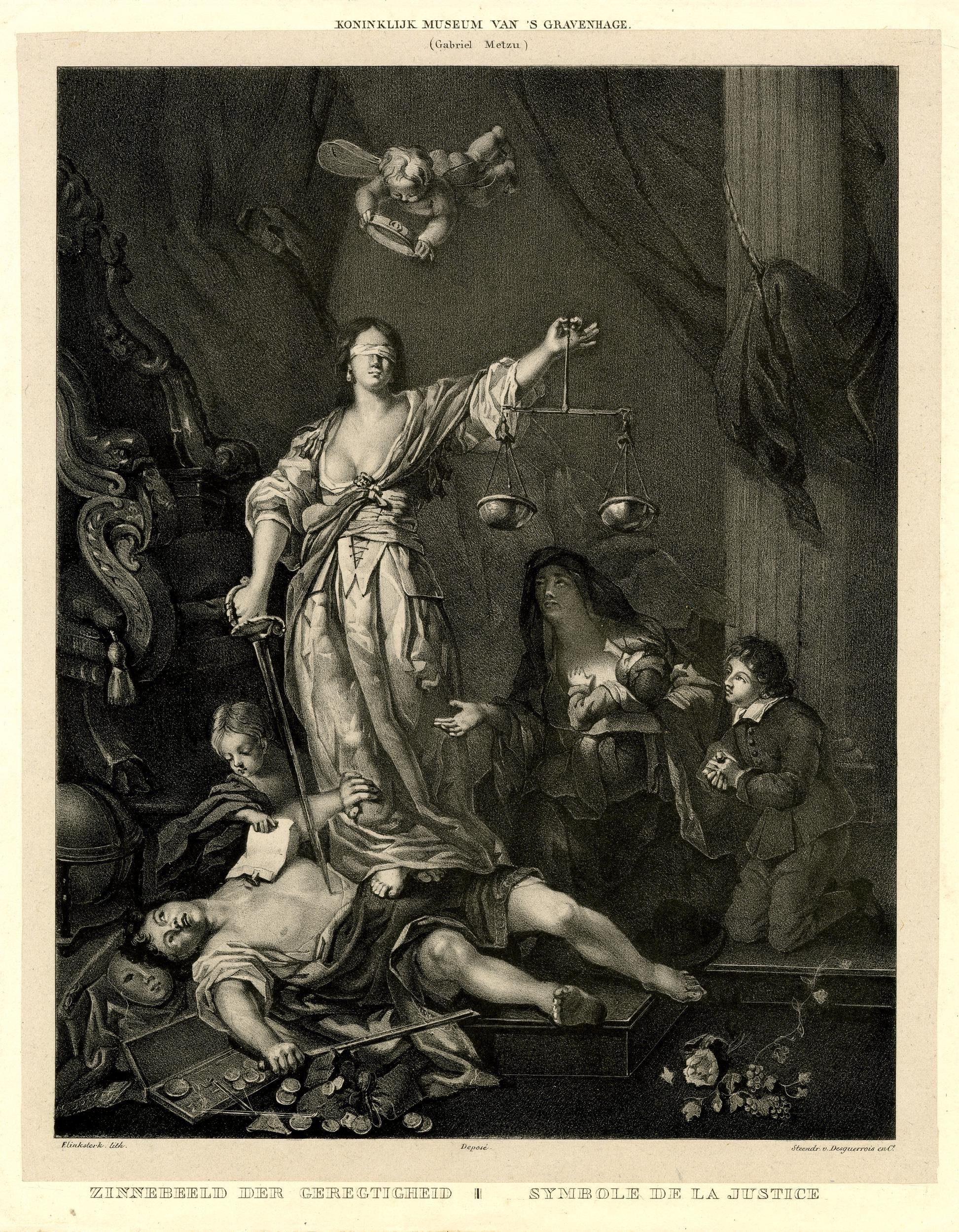 The Triumph of Justice or Symbol of Justice; allegorical scene with Justice standing at centre, blindfolded and holding scales, while pointing her sword at a man who lies on his back in left foreground, coins scattered around him.