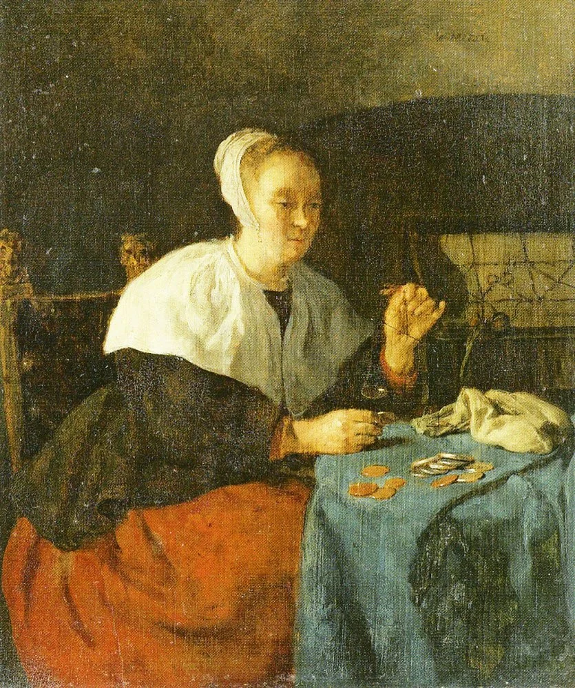 Woman weighing coins by Gabriel Metsu-1655-1657.
