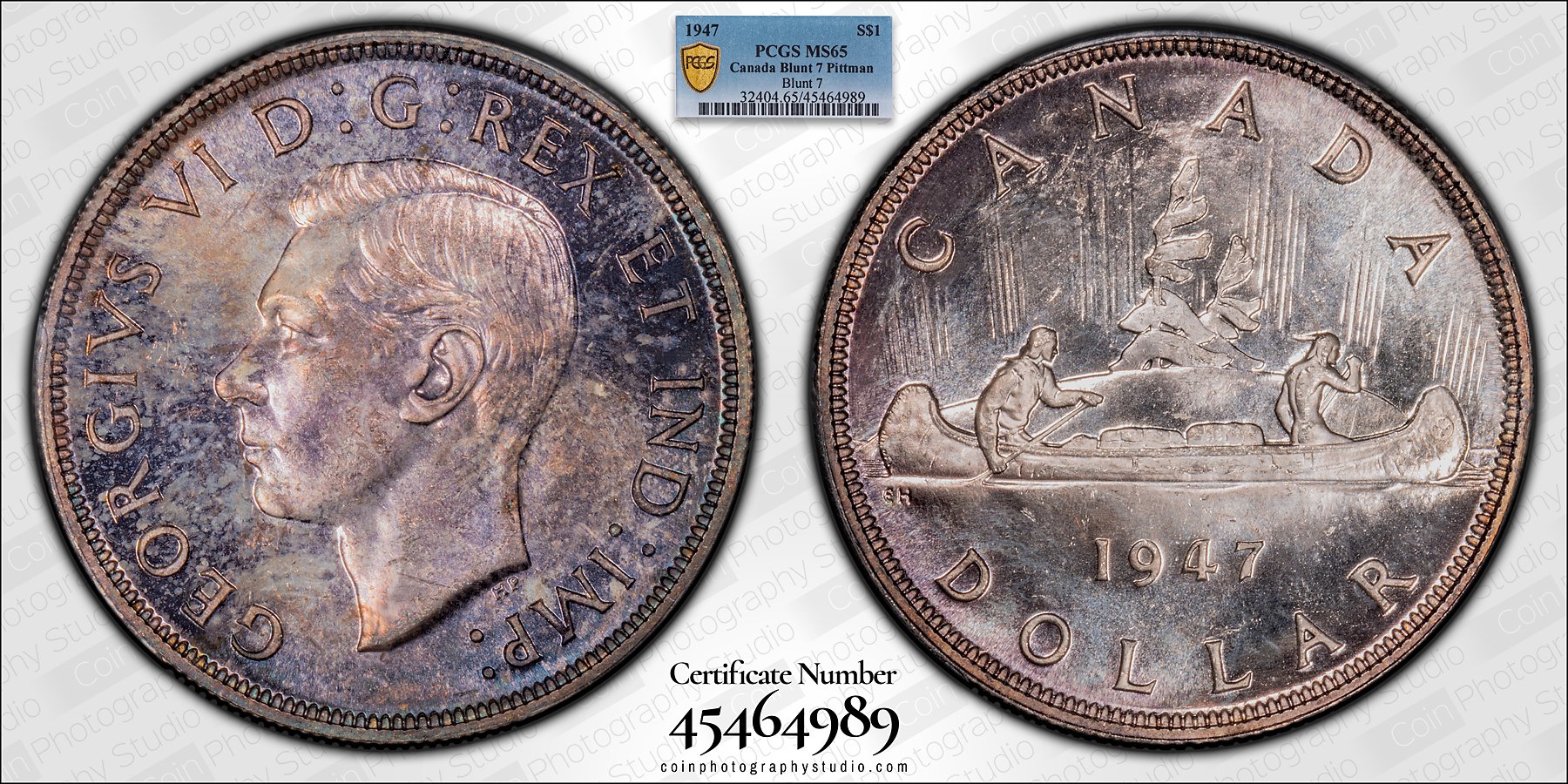 1947 Canadian silver dollar coin with King George VI on obverse and voyageurs in a canoe on reverse. PCGS MS65 grade with certificate number 45464989.