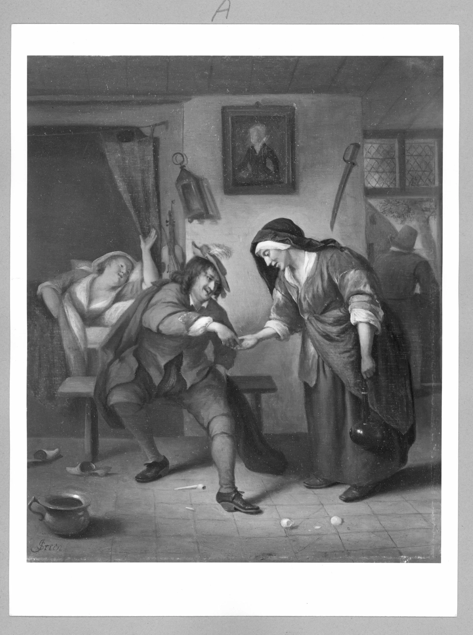 A black and white painting depicts a 17th-century interior scene with a seated man in period clothing exchanging money with a standing woman, holding a jug. Another woman is resting in the background on a bed, while a man is visible through an open d