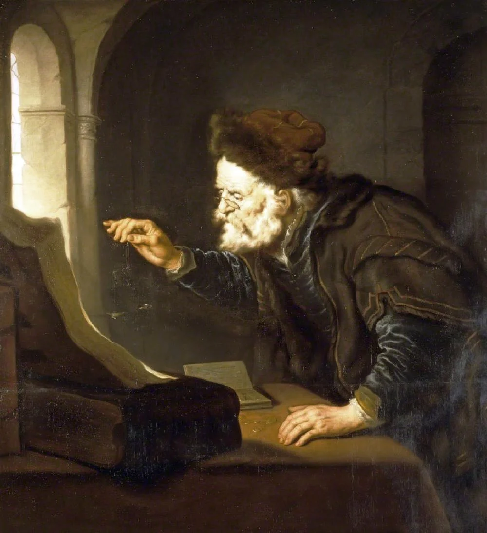 An Old Man Weighing Coins by Dutch painter Salomon Koninck, painted between 1629 and 1656.