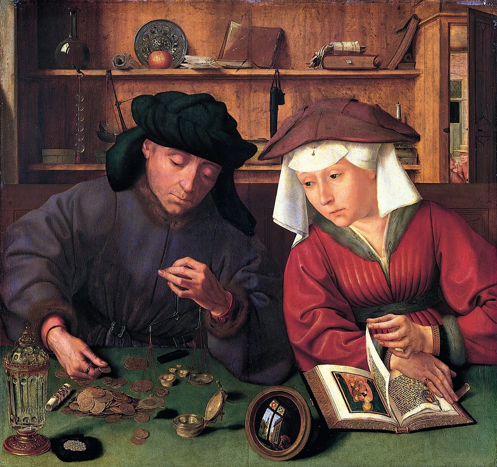 The Money Changer and His Wife- 1514 oil on panel painting by the Flemish renaissance artist Quentin Matsys.  

A man, who is weighing the coins on the table in front of him sits next to his wife who is reading a book of devotion with an illustration