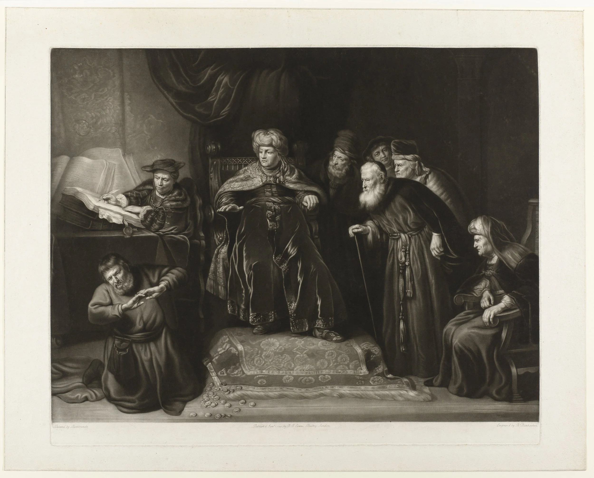 Judas bringing back the pieces of silver- 1754 - 1811-  Judas before the Sanhedrin returning the pieces of silver; he throws the money to the ground.