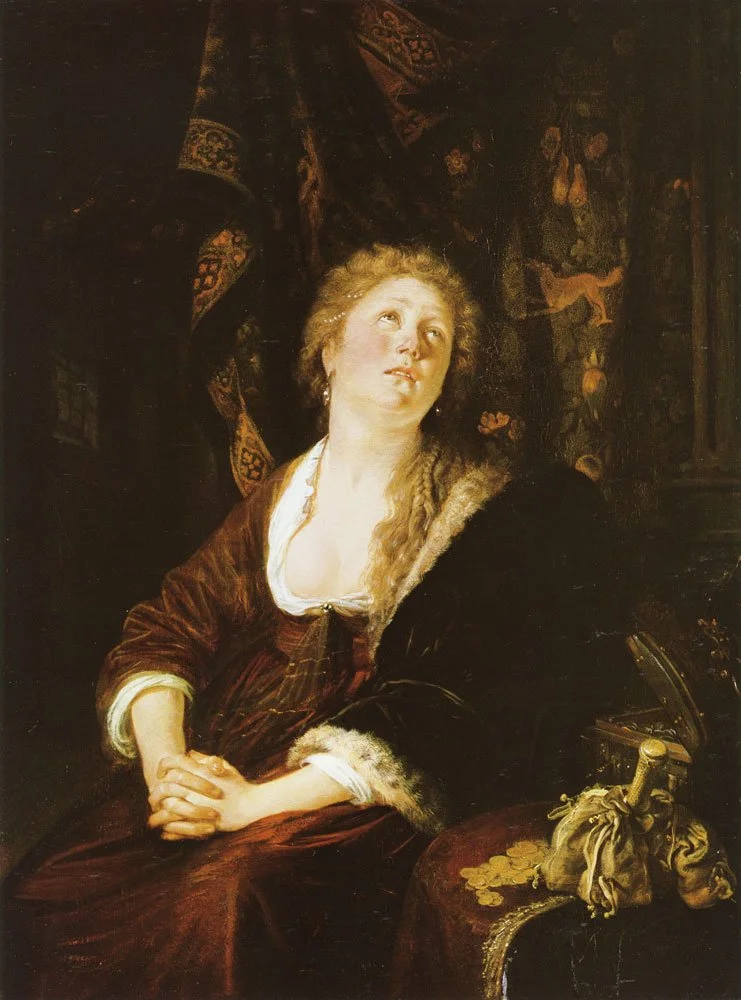 A woman in a period dress sits in a contemplative pose, looking upwards. The background features an ornate, tapestry-like design.