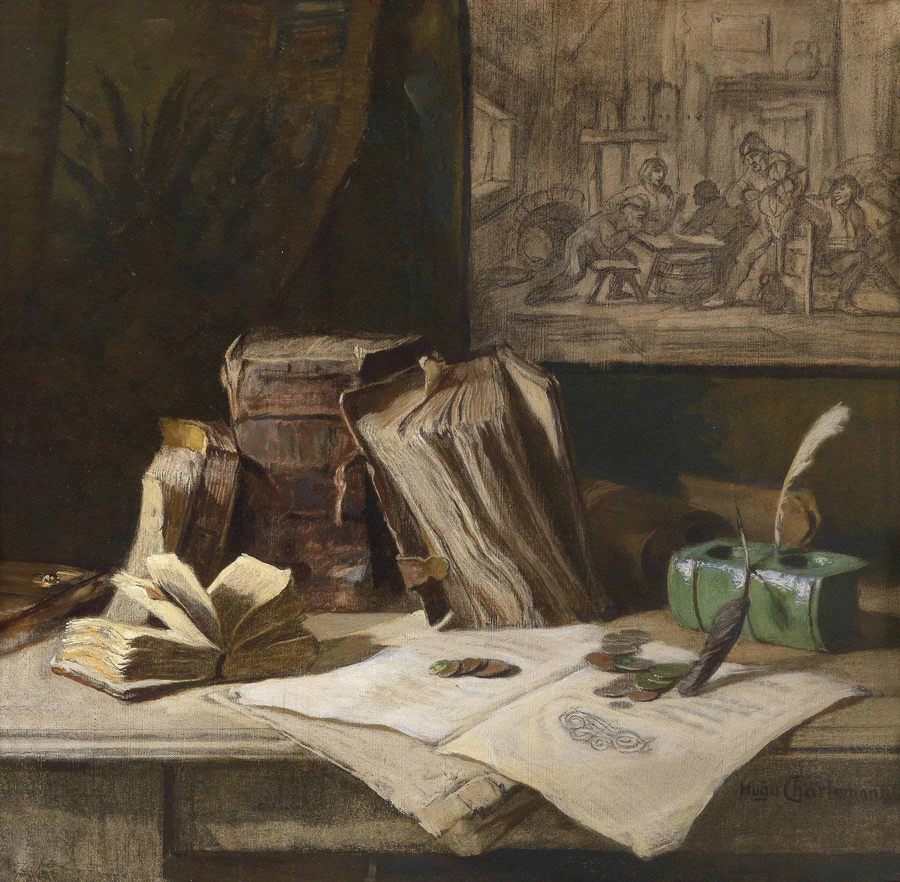 A still life painting depicting several old, weathered books and manuscripts on a wooden table. A quill pen stands in an inkwell beside the papers. Coins and a few other small items are scattered across the surface. A drawing is partially visible in 