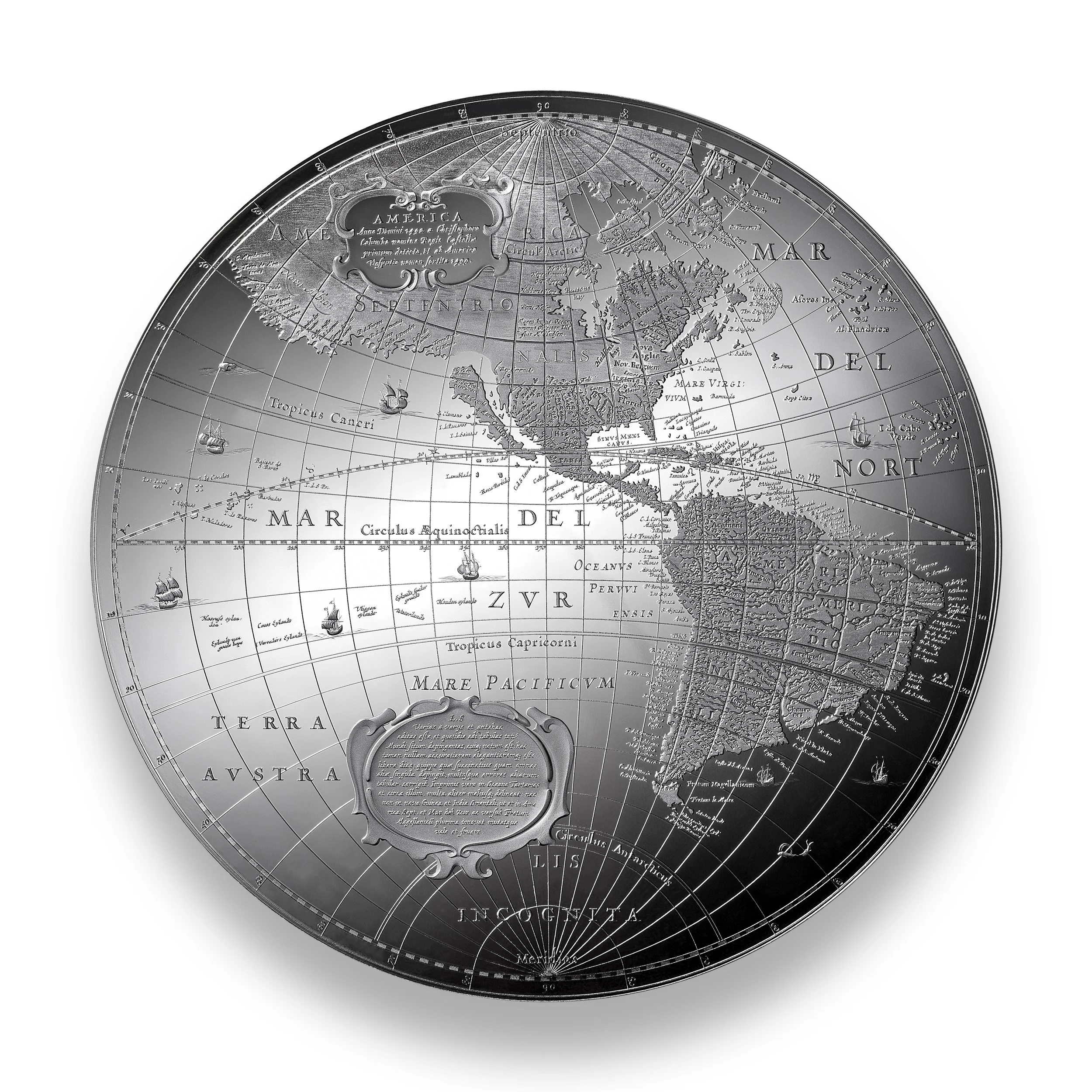 A vintage-style metallic world map with Latin and Italian inscriptions, focusing on South America, Antarctica, and surrounding oceans, with decorative cartouche and detailed geographical features.