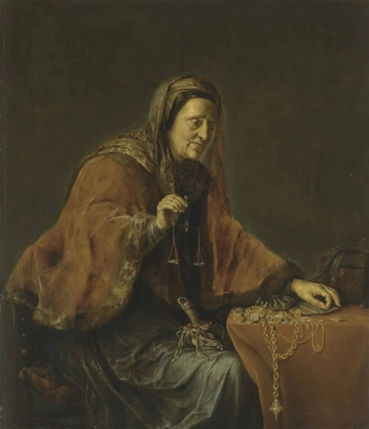 An old woman weighing gold, or Allegory of Avarice by Willem Bartsius (Dutch, 1612–1665.)  Oil on canvas.