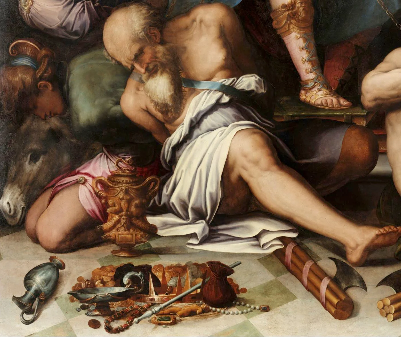 Detail- The bearded figure of Greed peering at a pile of treasures in the foreground.