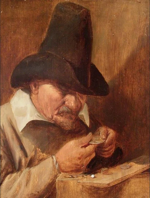 Man counting money or Coin Collector by  Joos van Craesbeeck, a Flemish painter and drawer. Painted between 1635 and 1661. Oil on panel.
