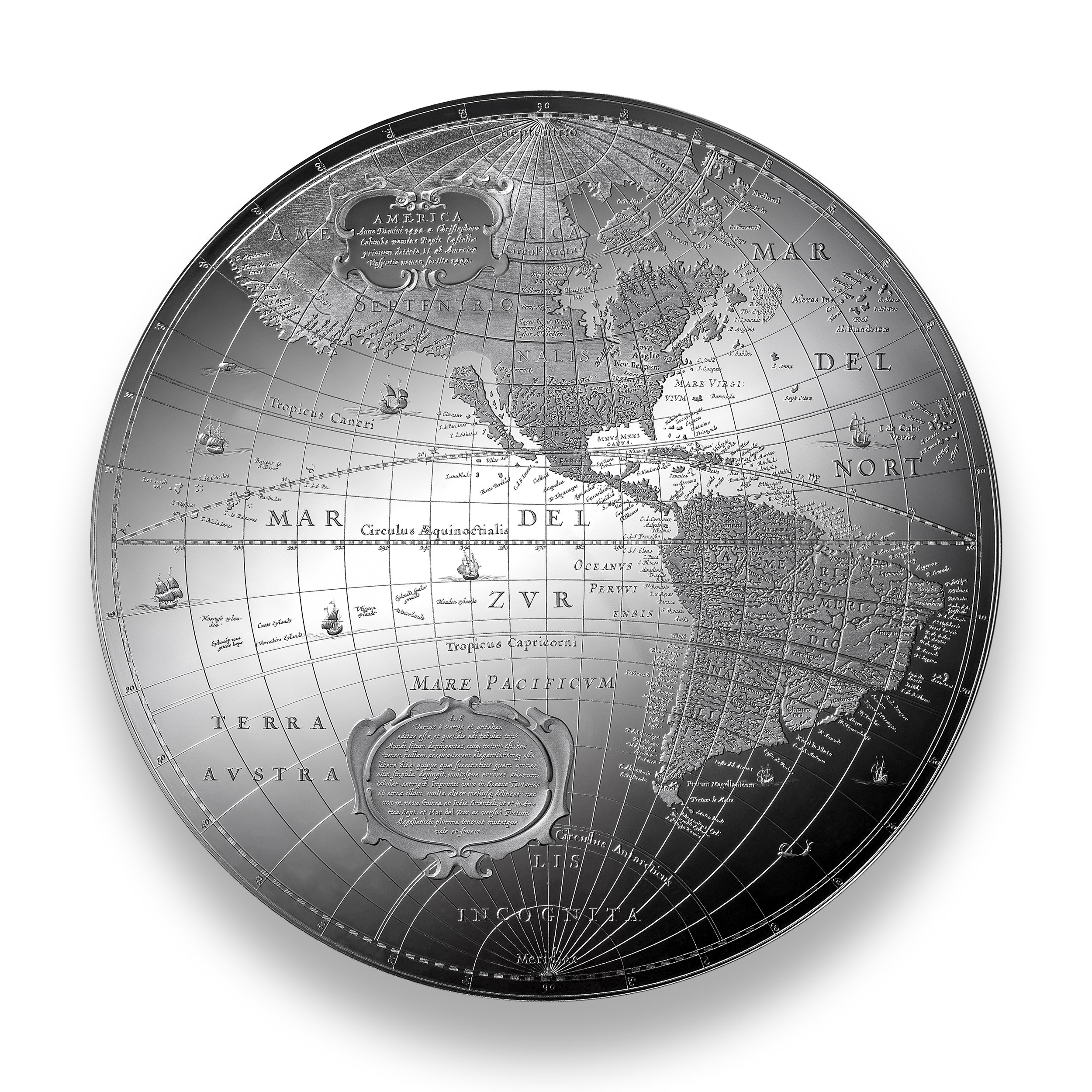 Black and white vintage map of the Americas and surrounding oceans with Latin labels and decorative elements.