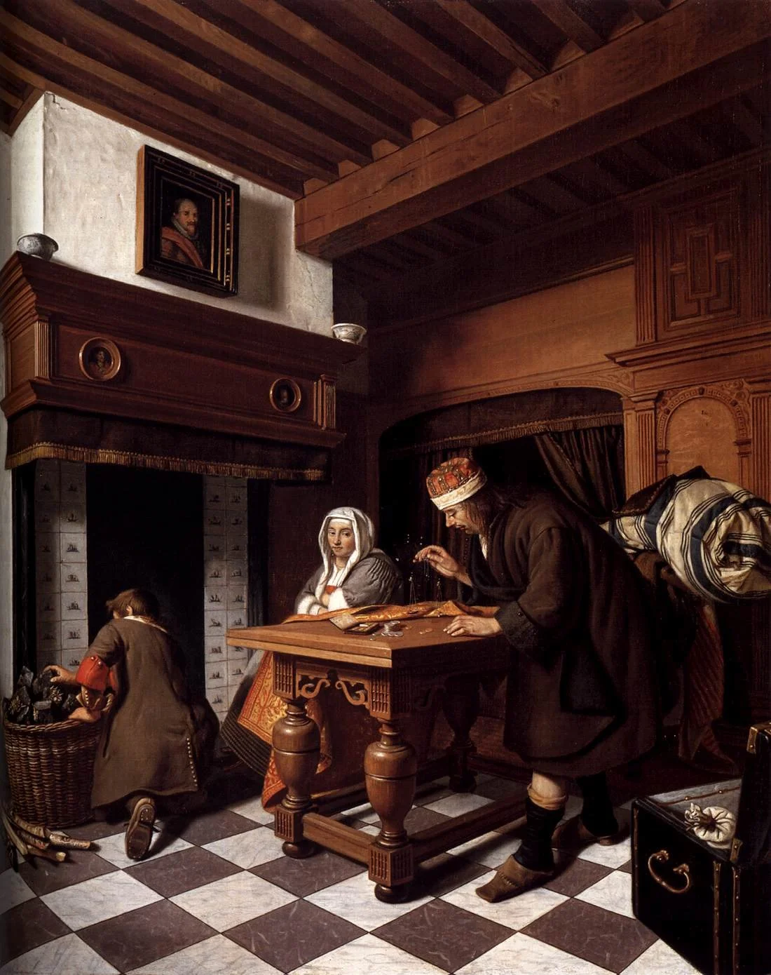  A Man Weighing Gold  by Dutch painter, printmaker and ornamental painter Cornelis de Man. Oil on Canvas  circa 1670.