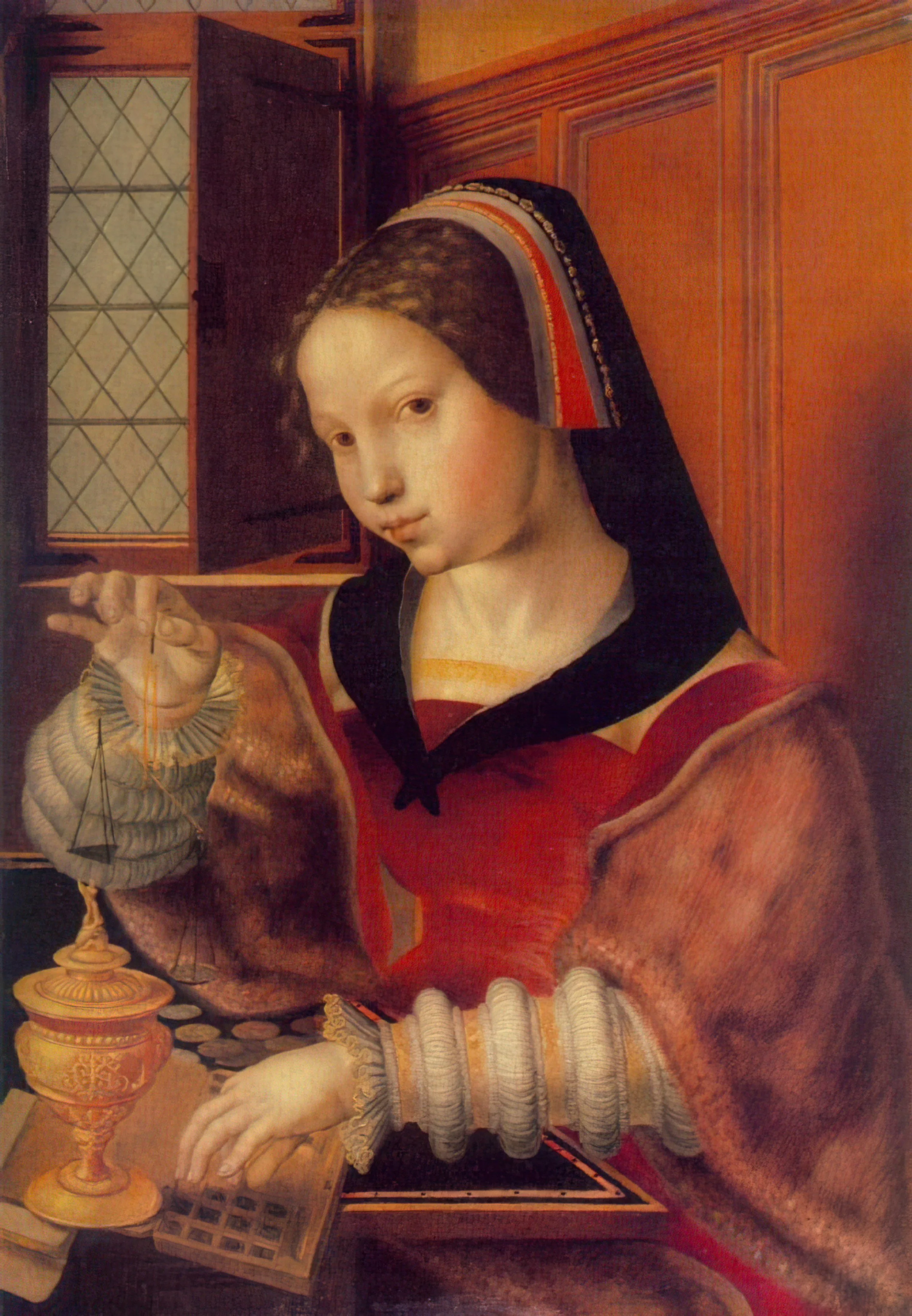 Woman Weighing Gold | 
Alternative title- Woman Holding a Balance -circa 1530- by Jan Sanders van Hemessen-Oil on oak wood