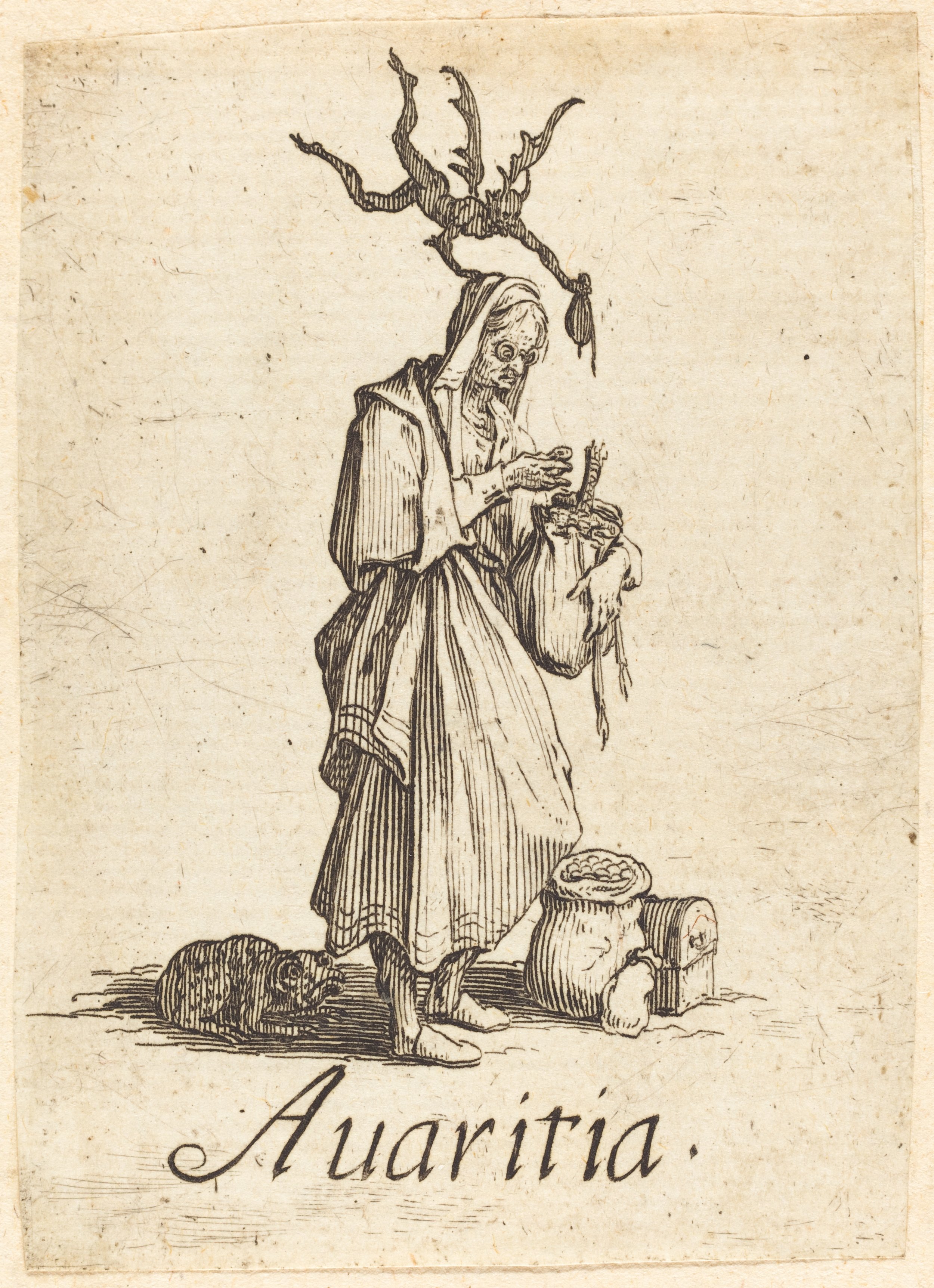 Vintage illustration titled 'Avaritia' depicting an elderly woman with a haggard appearance, holding a small sack, with a creature with long horns perched on her head, symbolizing greed.