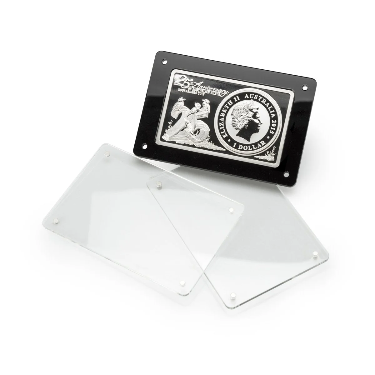 Silver coin commemorating the 25th anniversary of Koala Bearberra Coin with a black display case and a clear plastic cover.