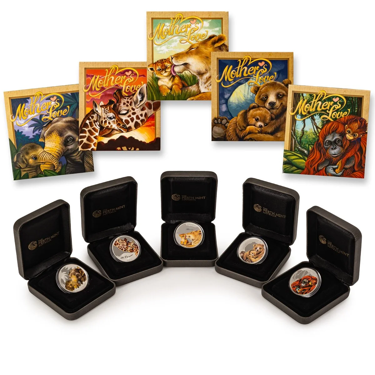 Set of five silver coins featuring various baby animals, displayed in black cases, with five illustrated animal-themed greeting cards behind them, each with the words "Mother’s Love" at the top.