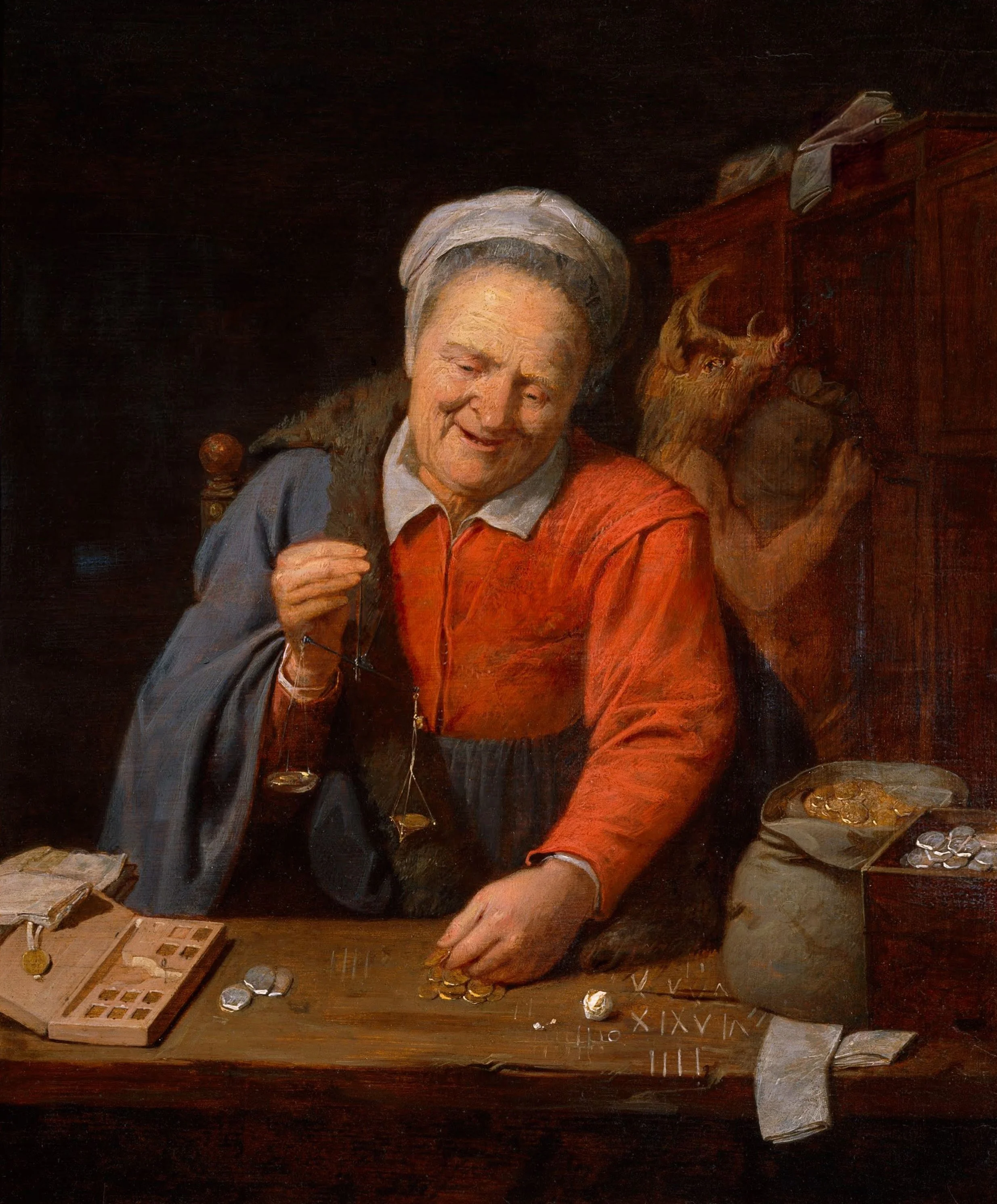 Woman weighing gold by Flemish printmaker, painter and drawer David Ryckaert III. Painted between  from 1636 until 1661. Currently hanging in the  Museum of Fine Arts of Lyon, France.