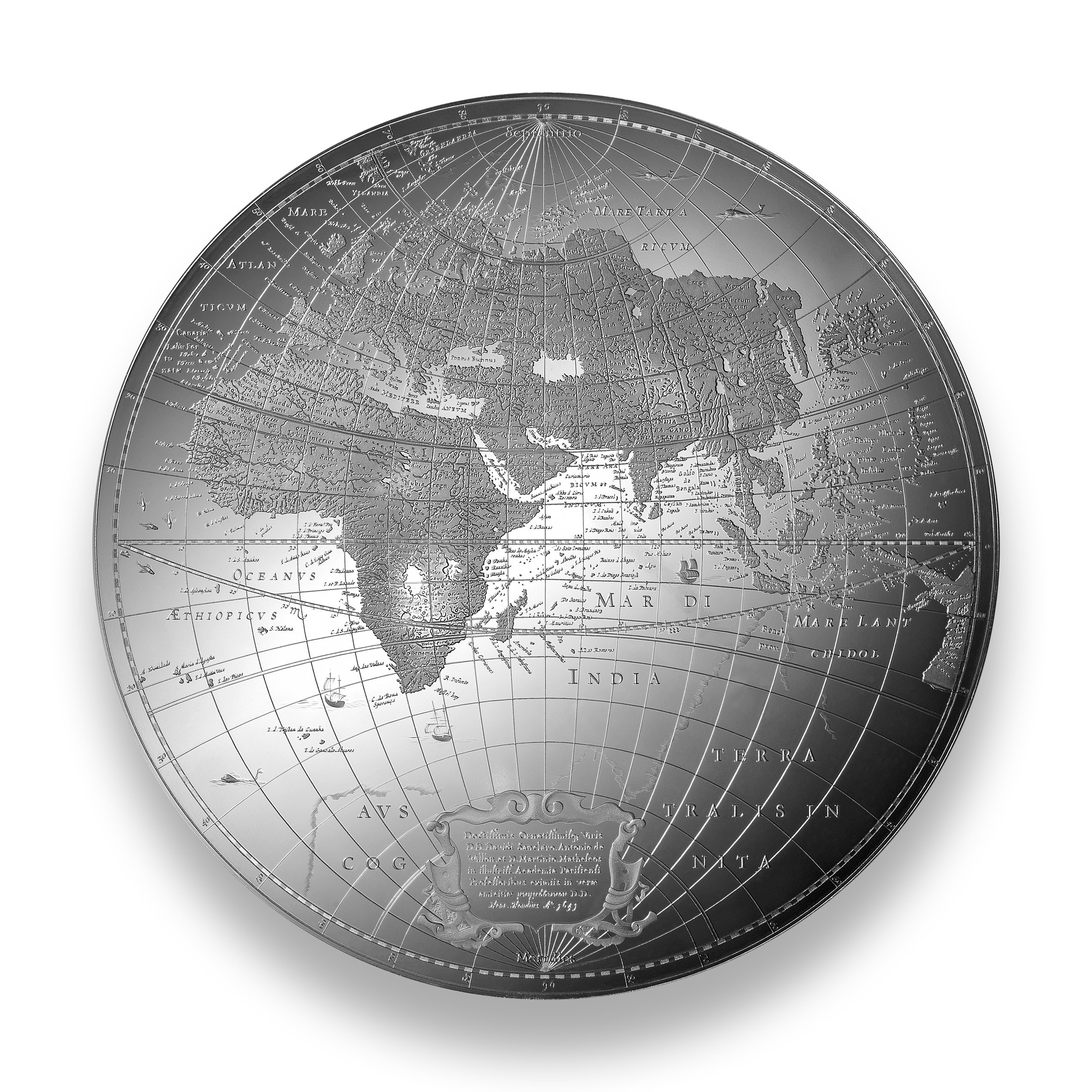 Silver antique-style world globe showing Europe, Africa, Asia, and Australia with detailed cartography.