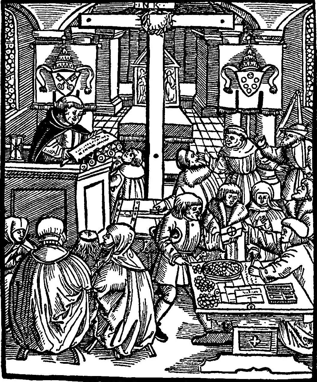 Sellers of indulgences. The man behind the desk shows his authorization with papal seals. This image is the title page of On Aplas von Rom kan man wol selig werden (One Can Be Saved Without the Indulgence
of Rome) published in 1521.