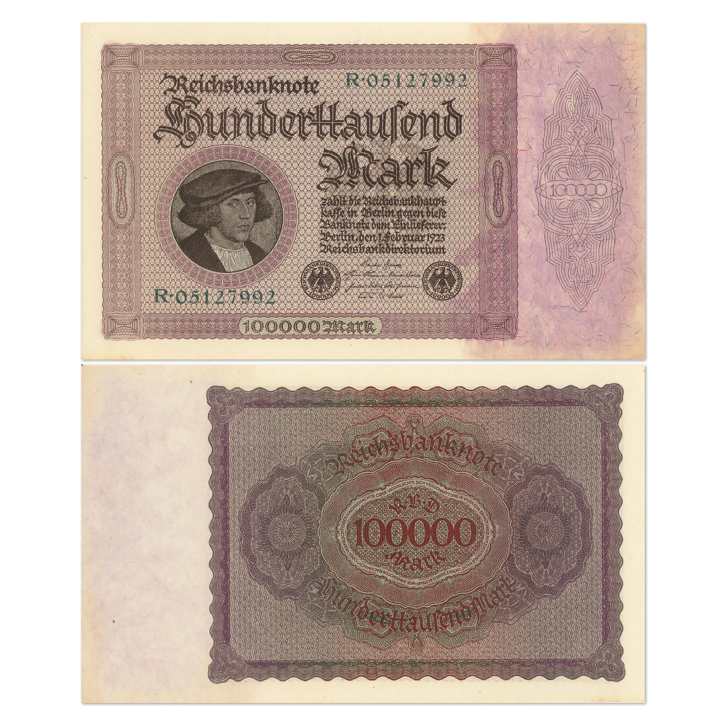 100,000 mark note- 1923 Germany- the face is from the painting The Merchant Georg Gisze by Hans Holbein the Younger, 1532. 
