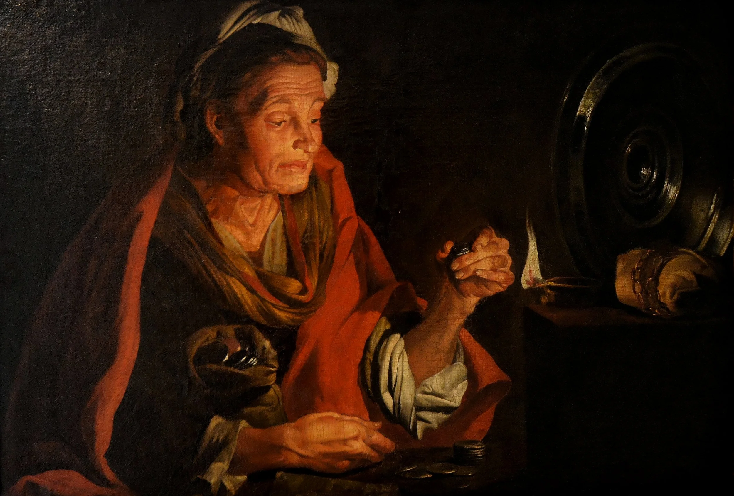 "Avarice" from Matthias Stomer's workshop. Oil on canvas, circa 1650.