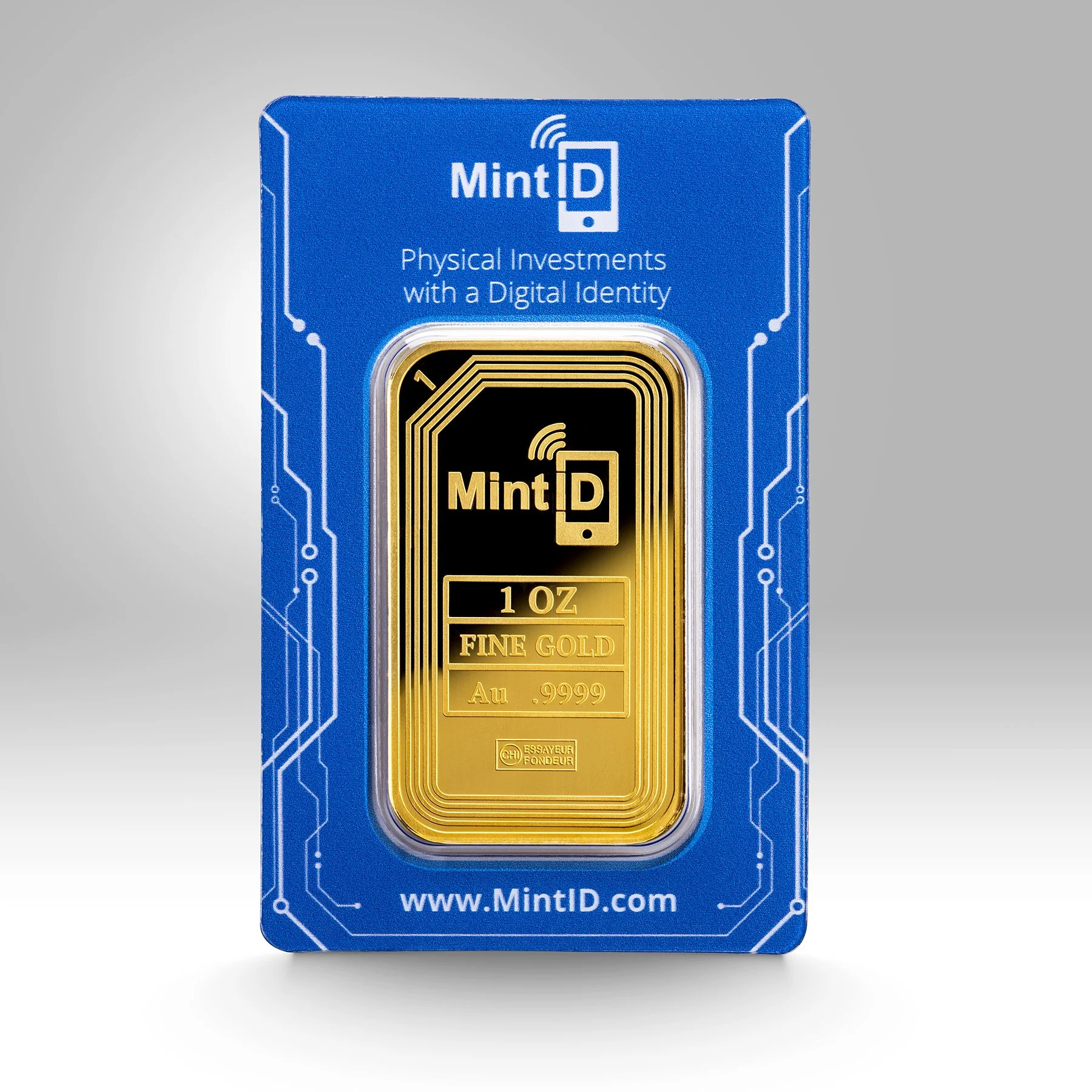 MintID 1 oz gold bar with digital identity feature in blue packaging.