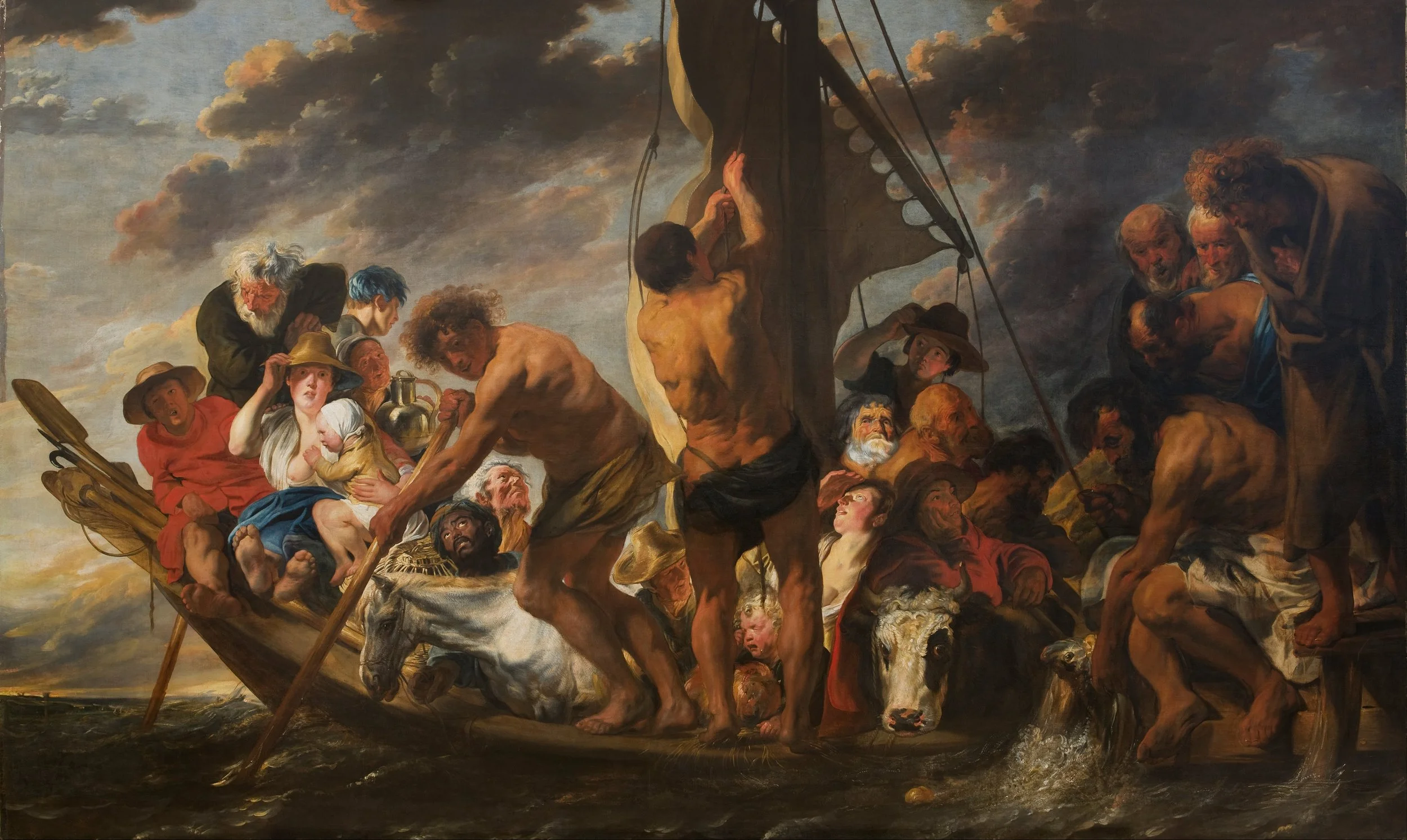 The Mircle of the Coin-Peter Finding the Silver Coin in the Mouth of the Fish  |  Also called "The Ferry Boat to Antwerp" by Jacob Jordaens.  Painted between 1616 and 1634. See detail in next image.