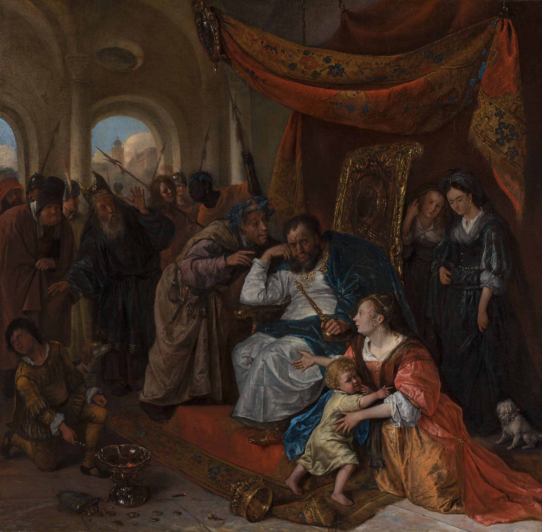 Moses and Pharaoh's Crown by Dutch painter and drawer Jan Steen. Oil on Canvas circa 1670.  Steen only painted a couple of religious scenes – and this is one of them. The story is about Moses who, as a child, is seen by the pharaoh’s counsellors as a