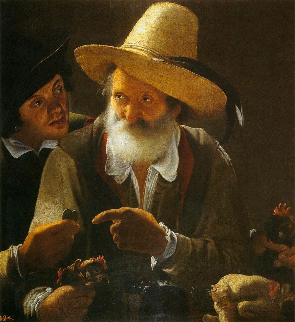 The Chicken Vendor by Pensionante del Saraceni, circa 1618.