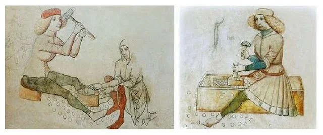 Medieval illustrations depicting mint workers. A seated figure holds a tool while another person provides assistance. 