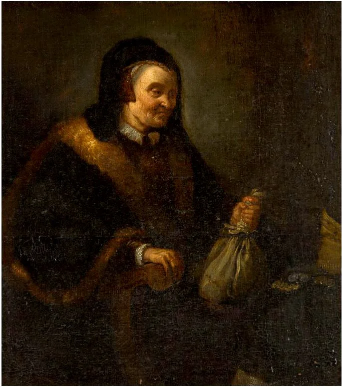 An old woman with a purse and coins at a table: Allegory of Avarice- artist unknown- possibly a follower of Rembrandt.  They popularised depictions of old men and women in various guises, including as allegories of avarice or greed, one of the Seven 