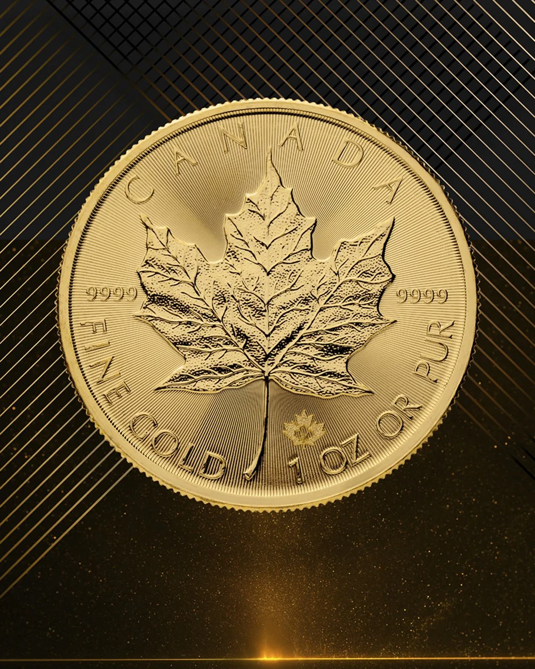 A gold Canadian one-ounce coin featuring a detailed maple leaf design and inscriptions including "Canada," "One Oz Or Pure," and "9999".