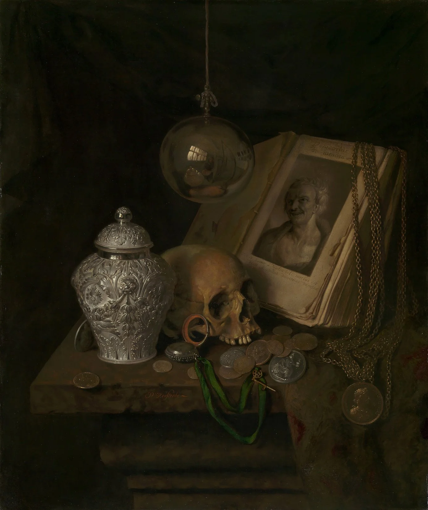 A Vanitas - A still life painting by Dutch painter and drawer Pieter Gerritsz van Roestraten,  painted between circa 1666 and circa 1700. Oil on Canvas.
