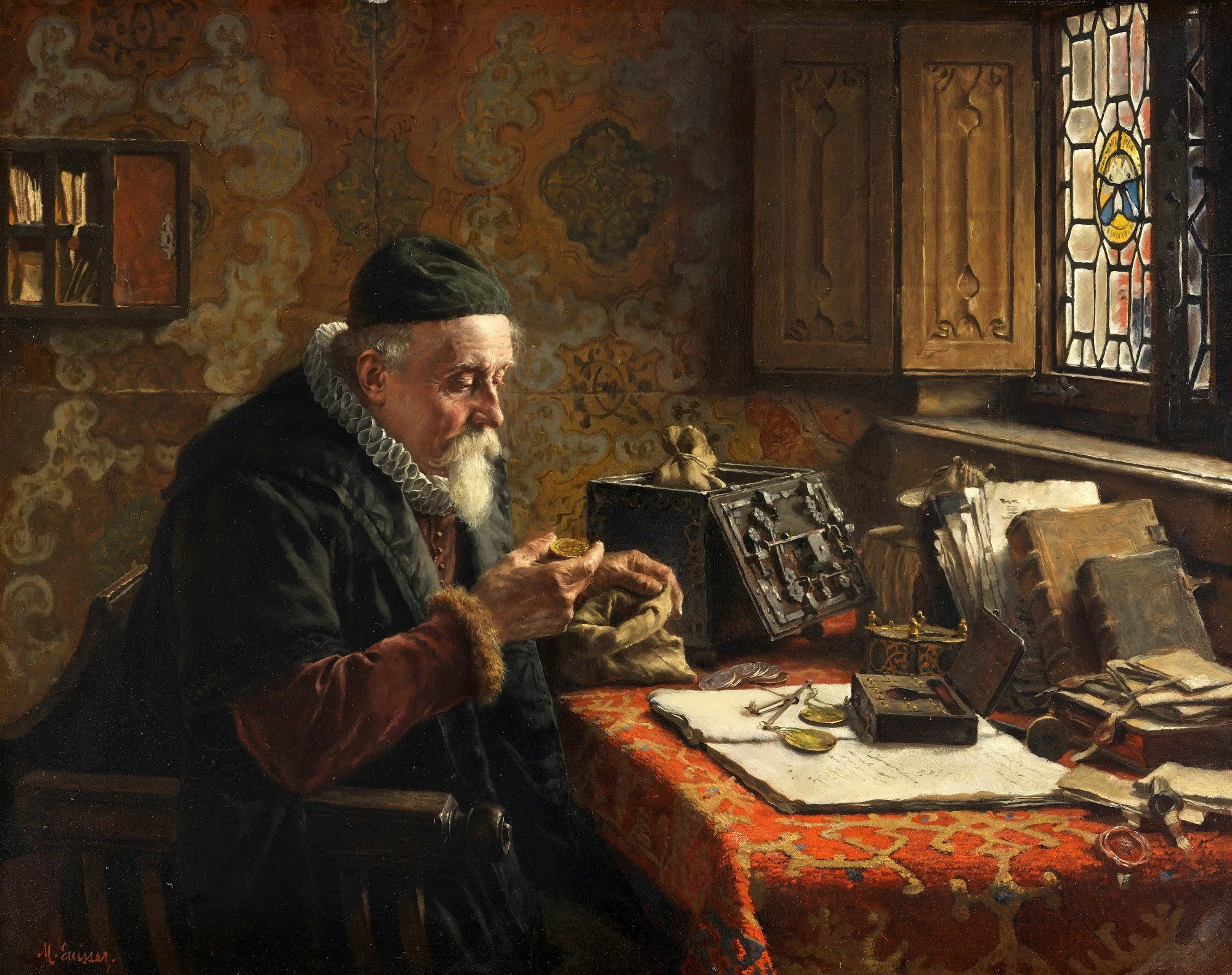 The Coin Collector by German painter Max Gaisser (Ca. 1900-1920)