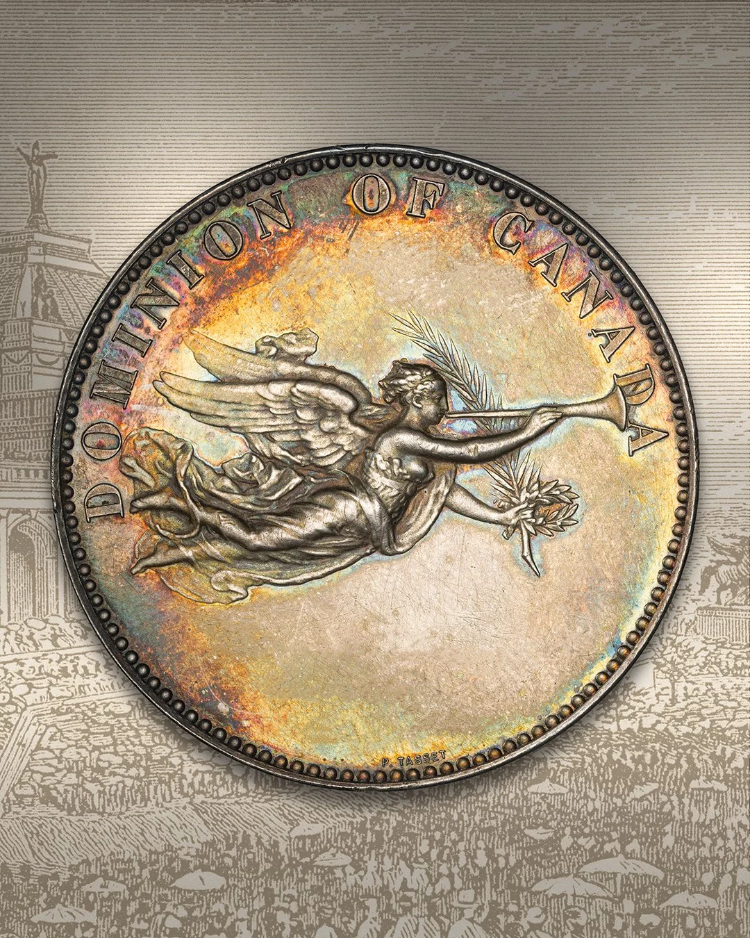 A coin from Canada featuring the image of a winged figure holding a branch and a horn, with the words 'Dominion of Canada' around the edge.