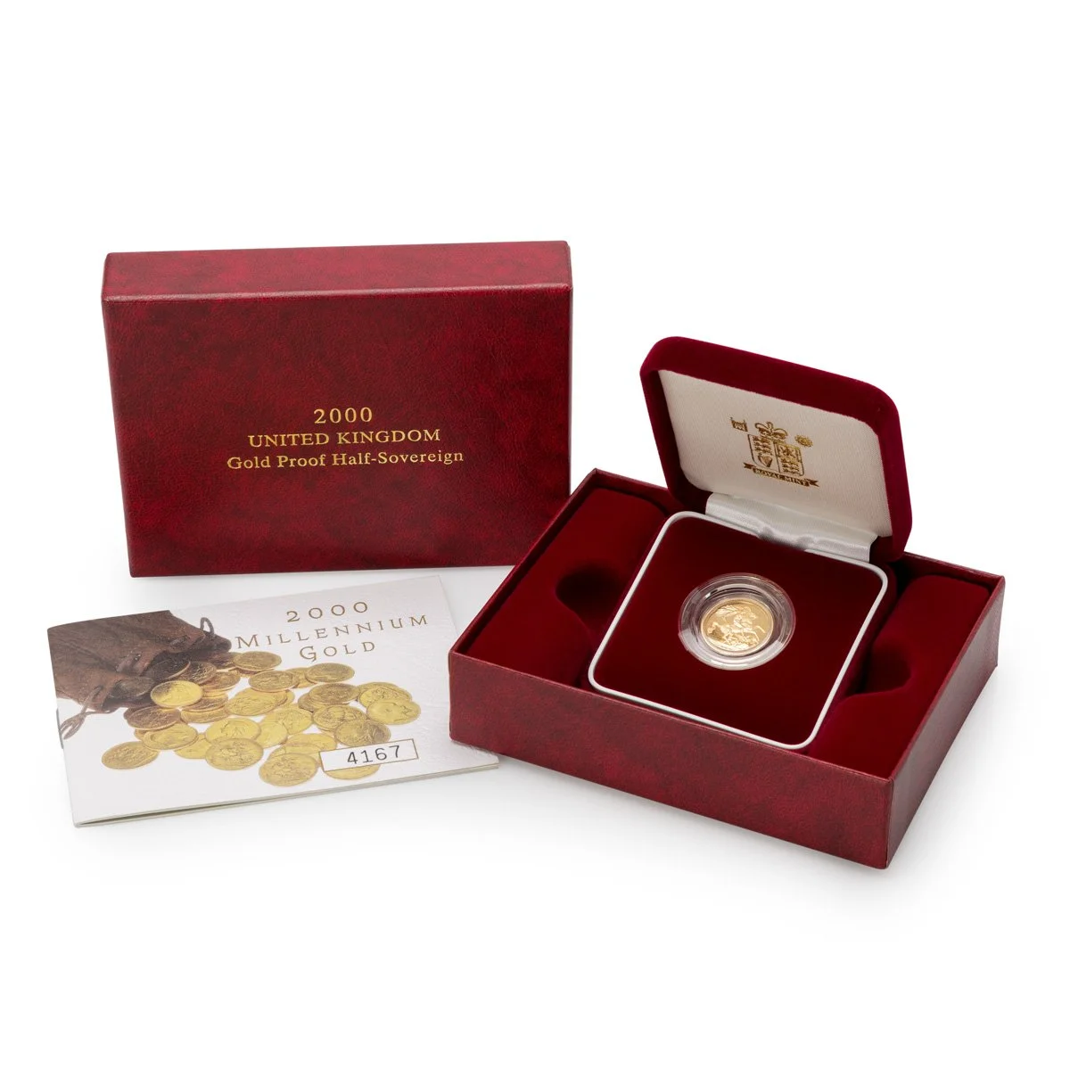 A 2000 Millennium Gold coin in a red velvet display box, with a certificate booklet and a red box labeled '2000 United Kingdom Gold Proof Half-Sovereign'.