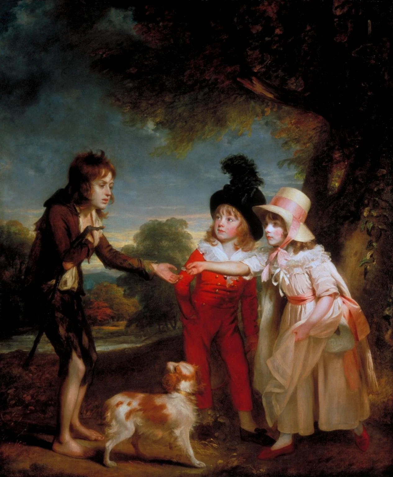 Portrait of Sir Francis Ford’s Children Giving a Coin to a Beggar Boy by English portrait painter William Beechey.  Circa 1793